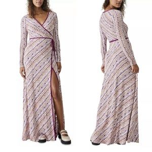 Free People Phoebe Printed Jersey Maxi Wrap Dress in Peach Combo Size LARGE